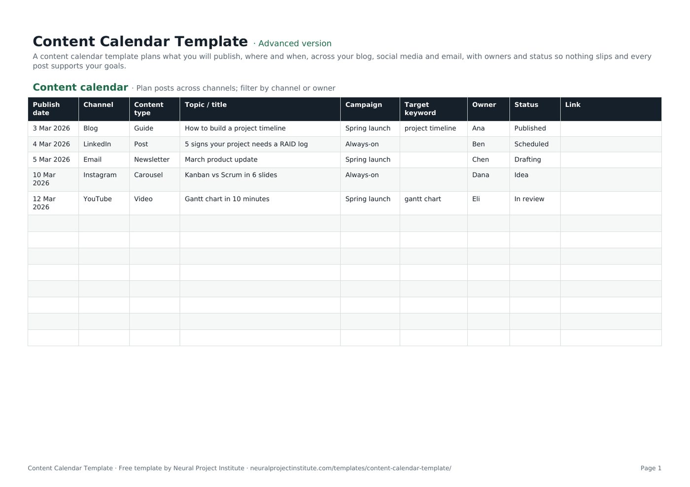 content calendar template