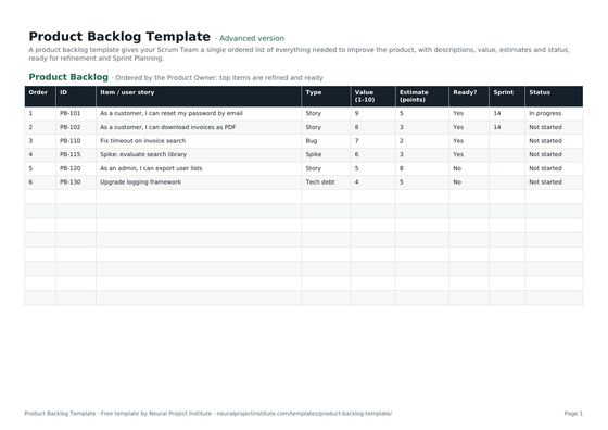 product backlog template