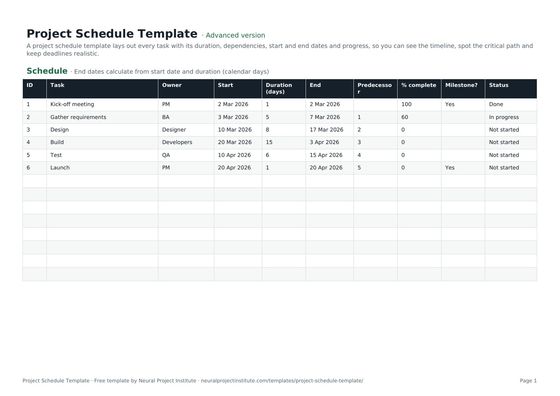 project schedule template