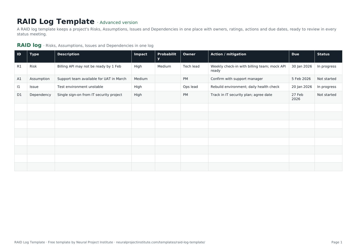 RAID log template