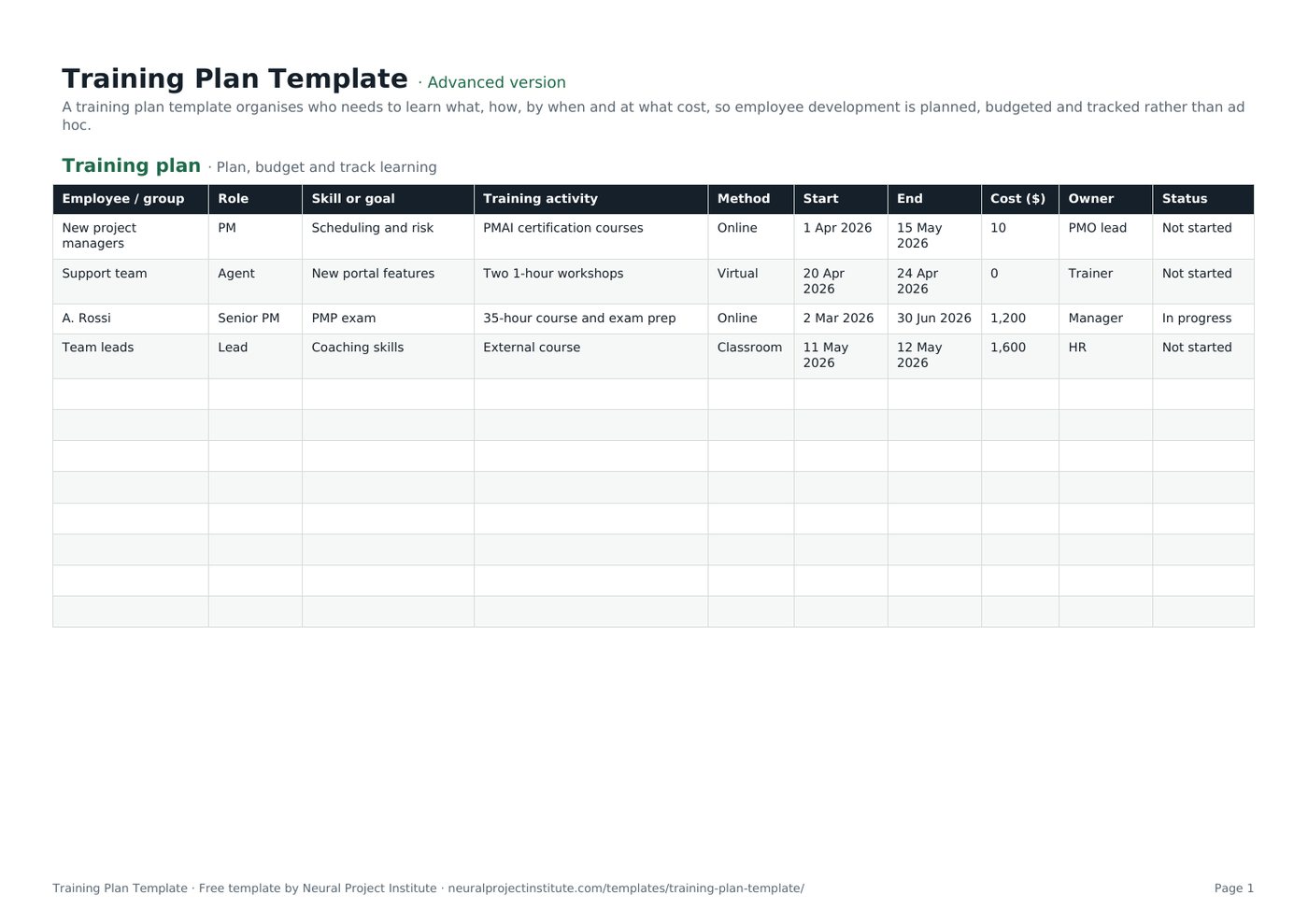 training plan template
