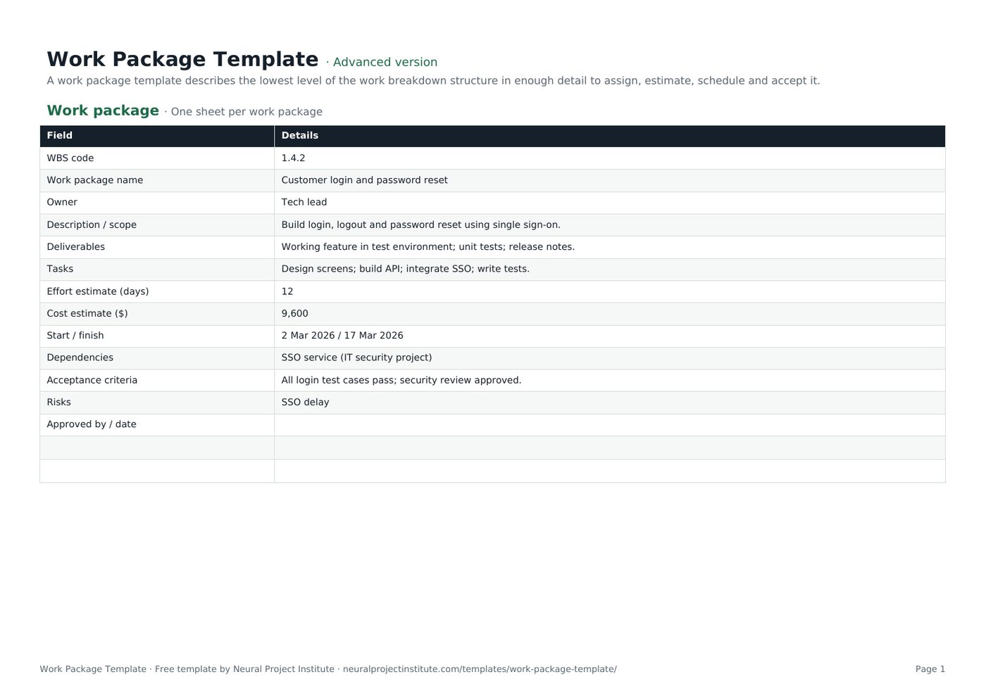 work package template